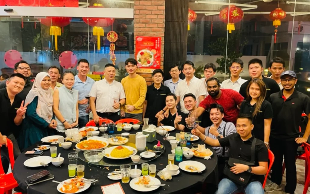 company gathering with eating