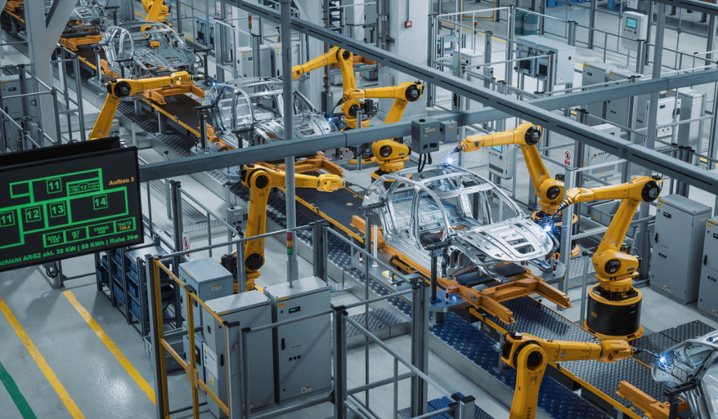 Robotic arms welding a car body on an automated production line