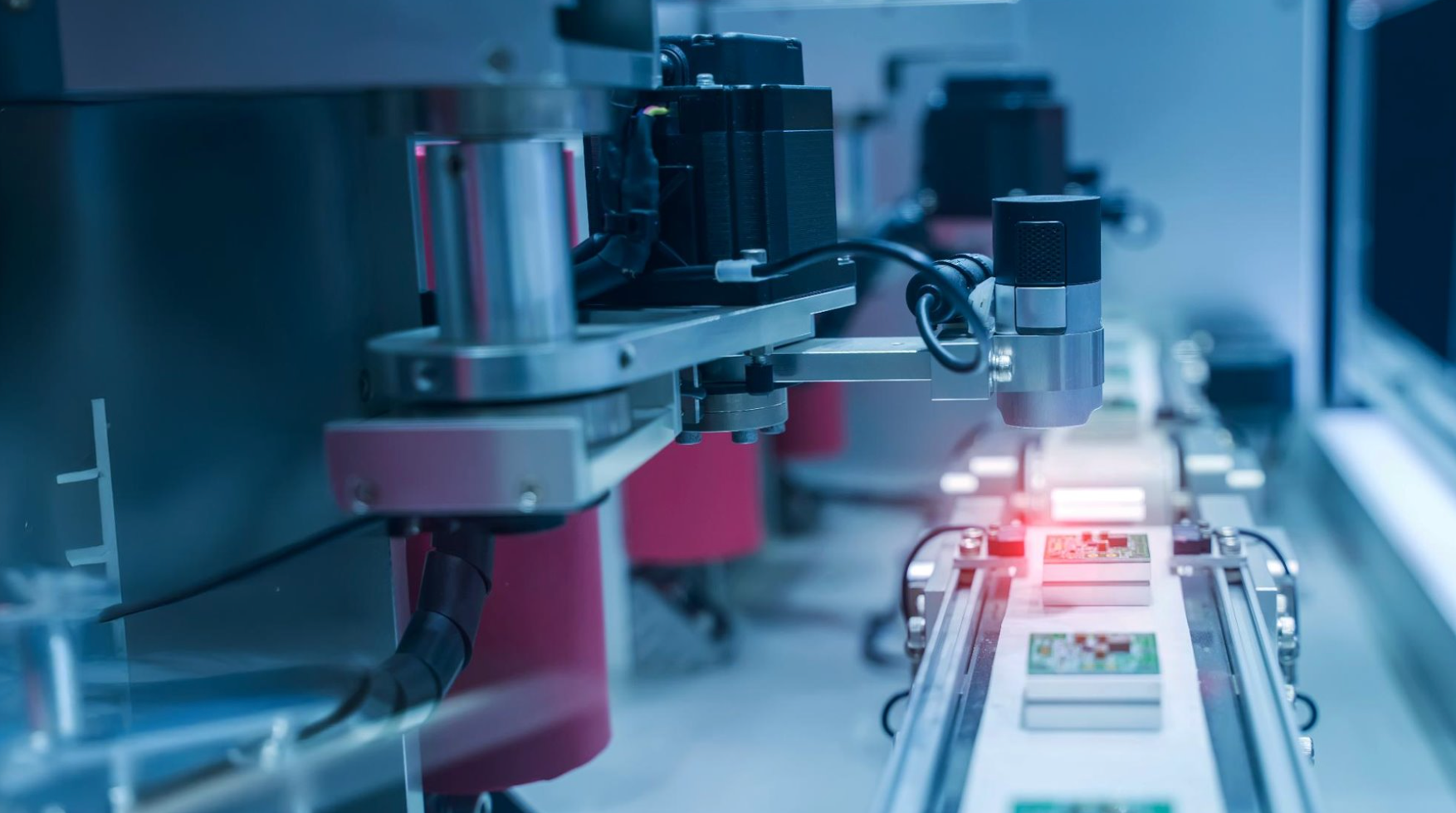 AOI machine-vision system inspecting a PCB with a laser line